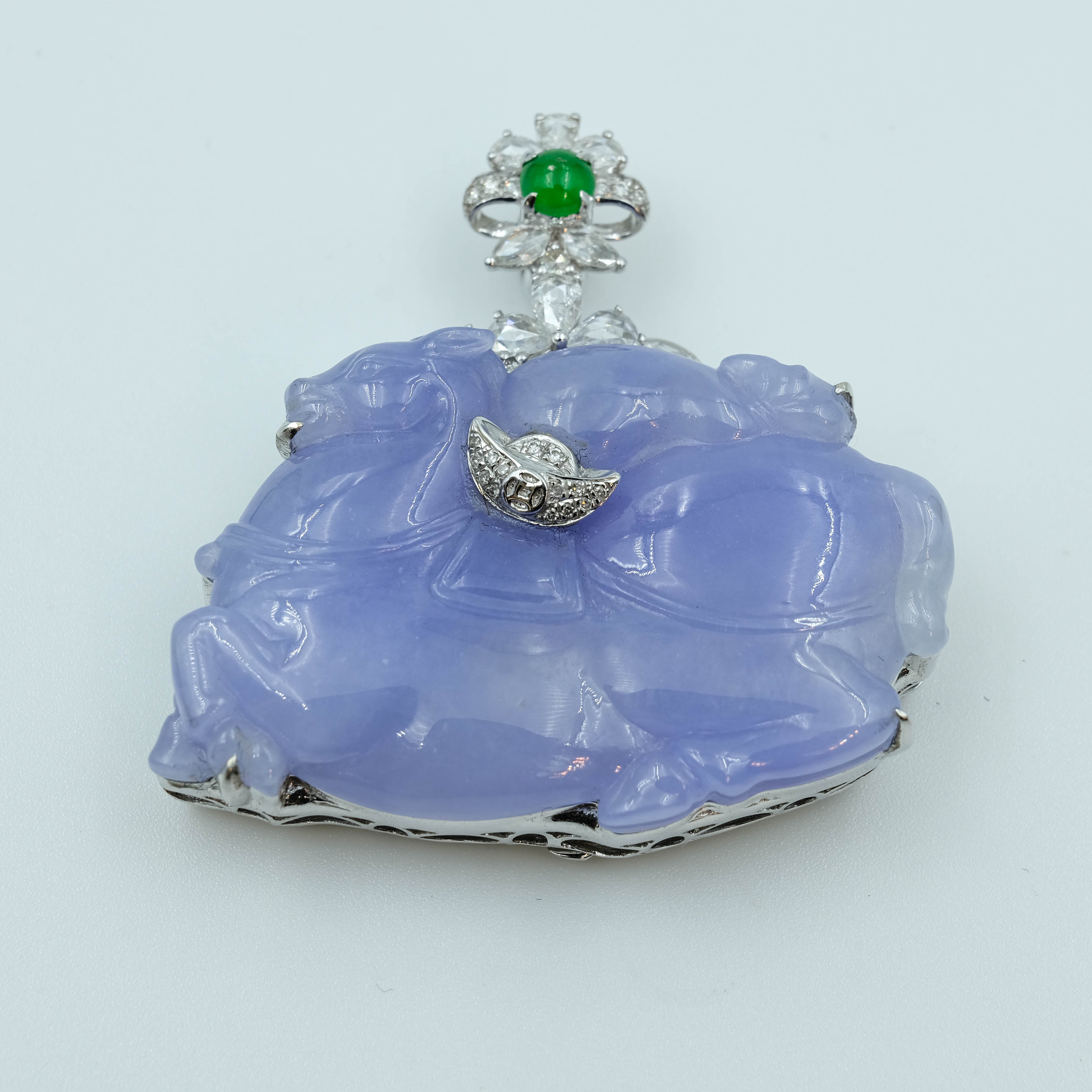 Horse Zodiac Pendant Jadeite Lavender Translucent Grade A 18K White Gold Inlay