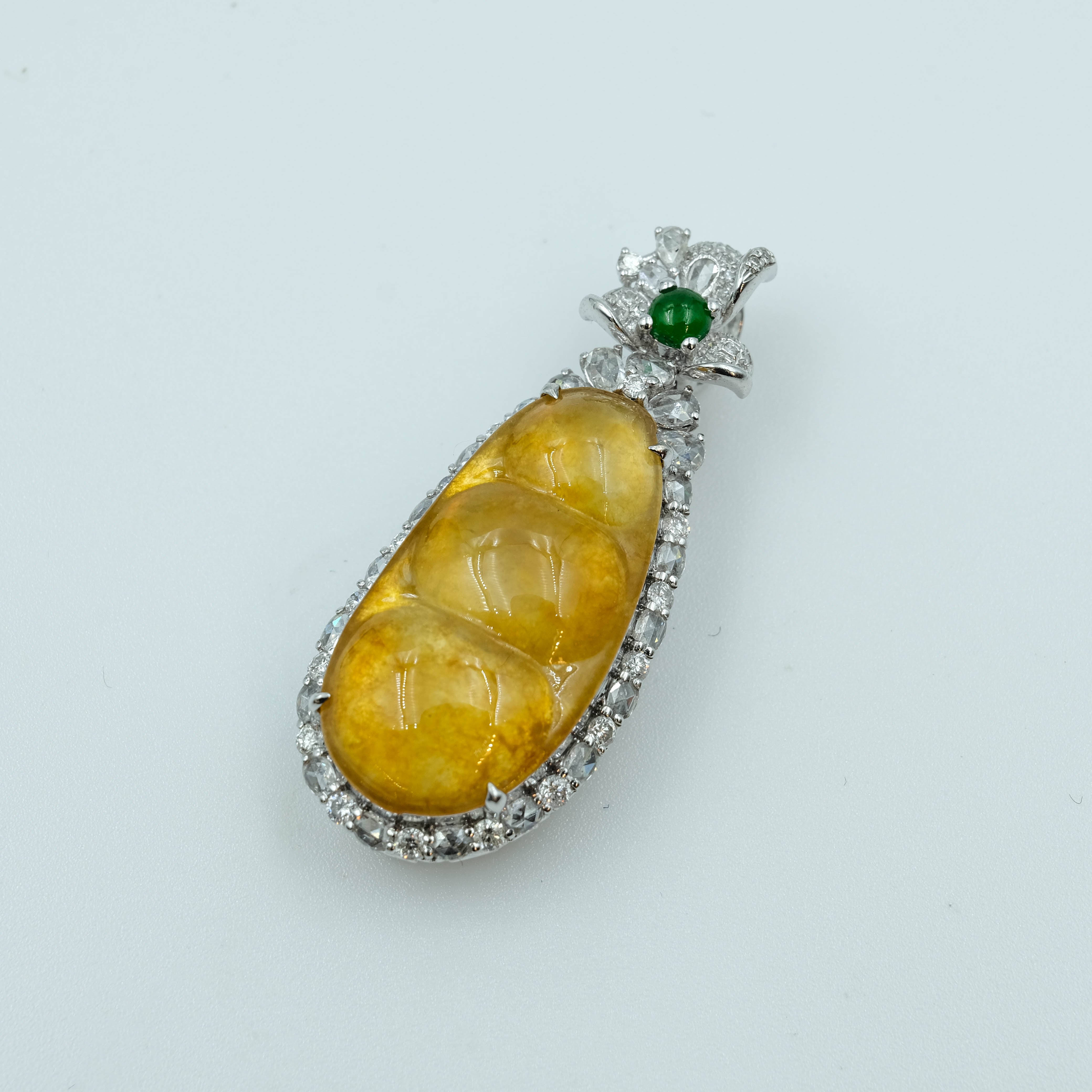 FuDou Pendant Jadeite Yellow Green Icy Clear Grade A 18K White Gold Inlay