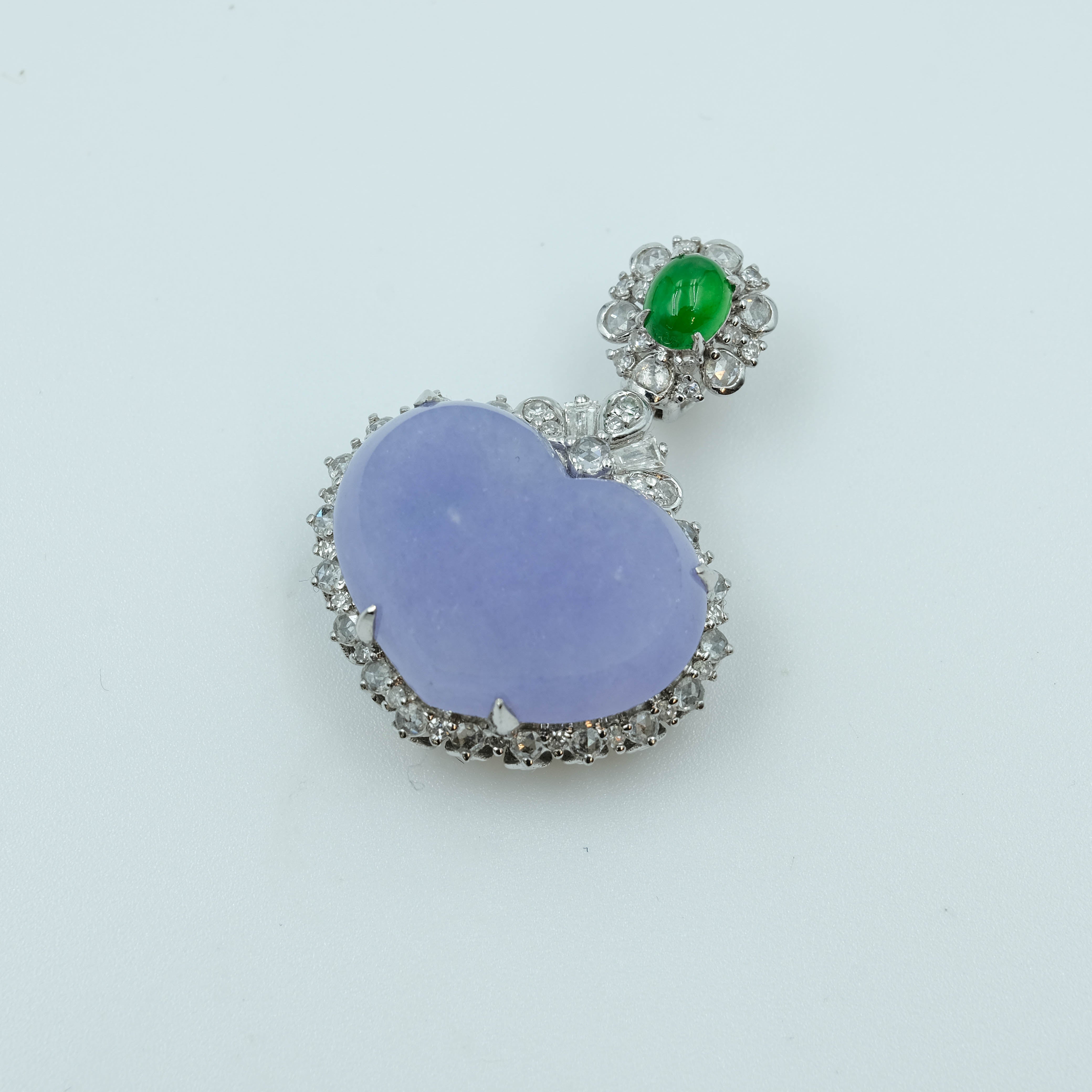 Love Pendant Jadeite Lavender Green Translucent Grade A 18K White Gold Inlay