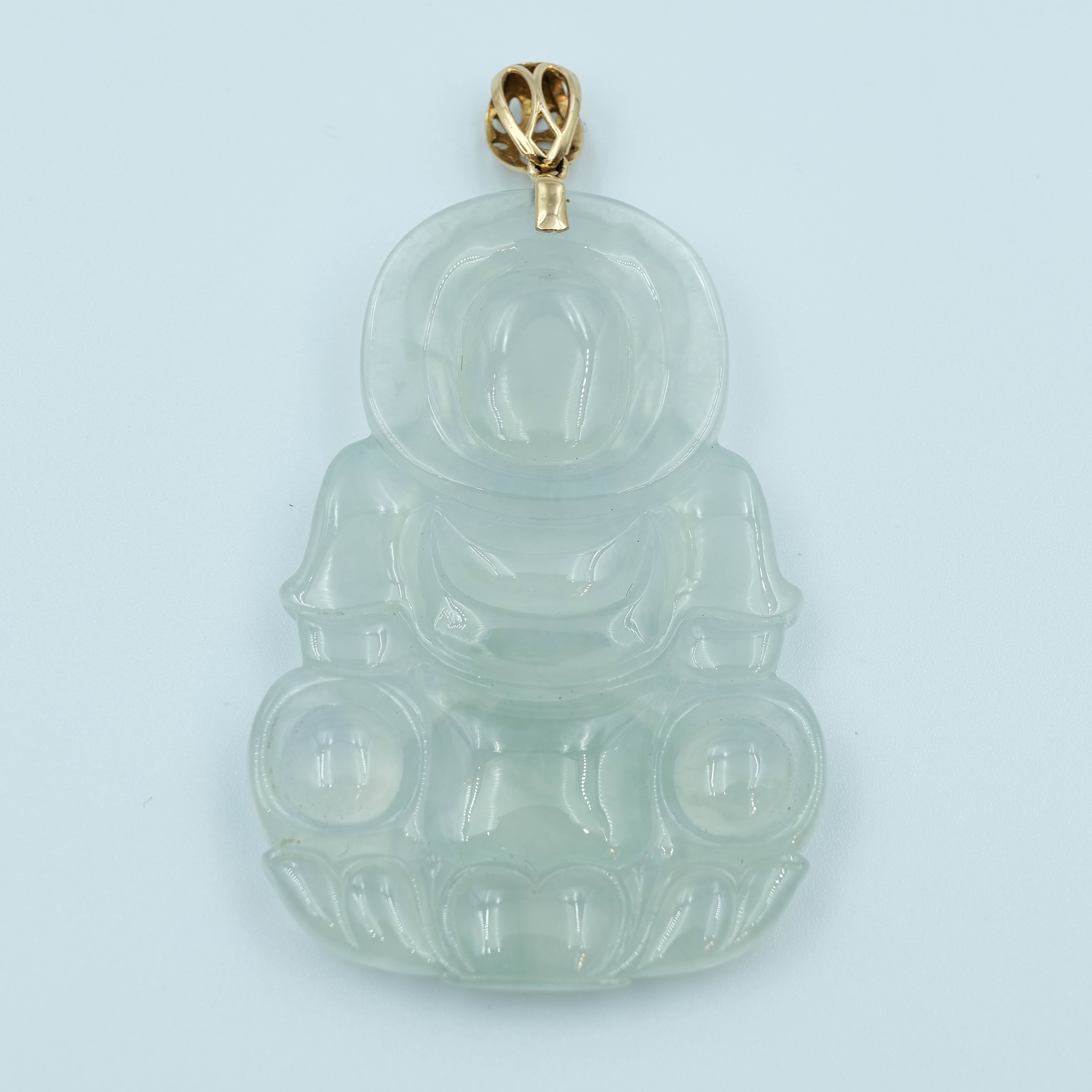 GuanYin Pendant Jadeite No Color Translucent 18K Yellow Gold Inlay