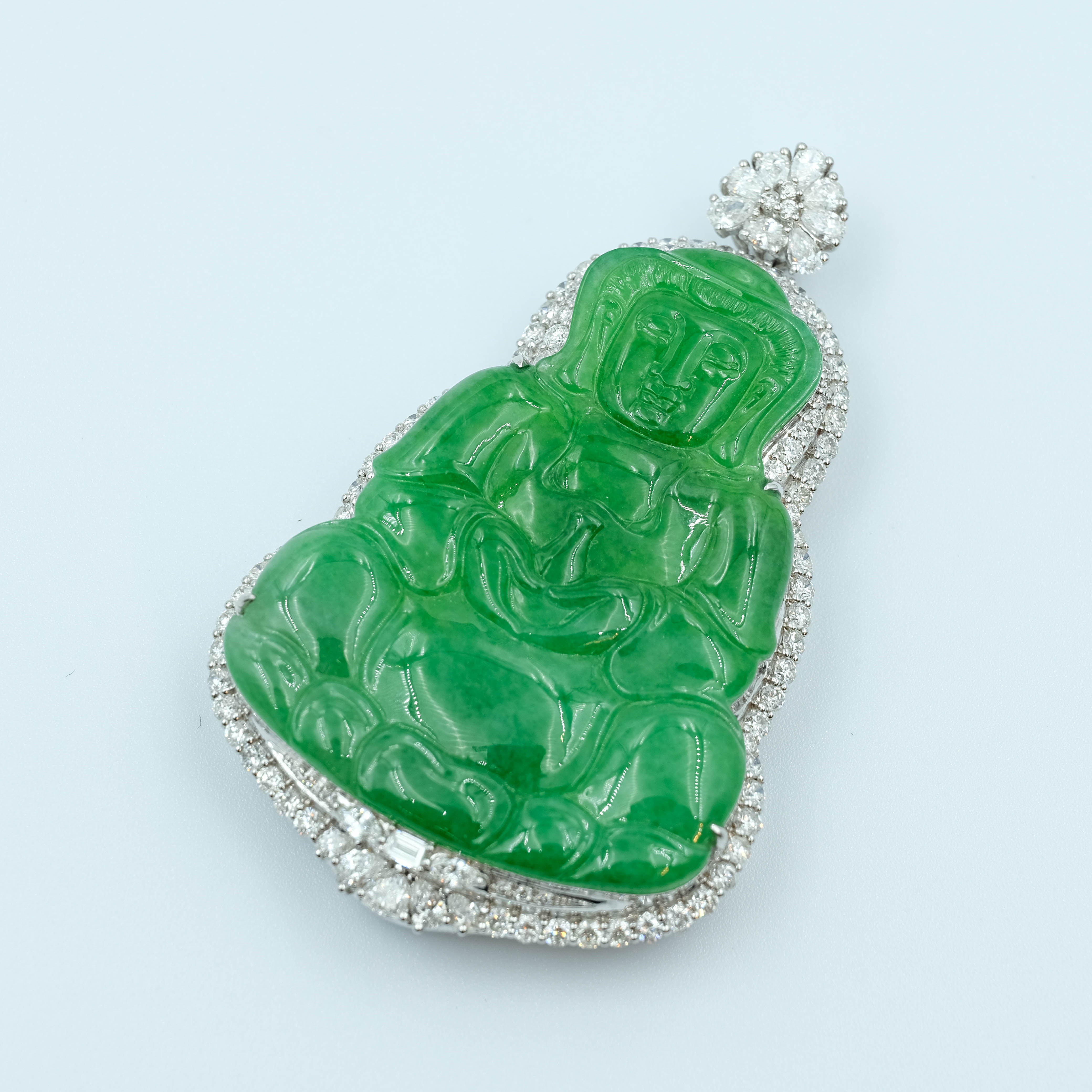 GuanYin Pendant Jadeite Jade Green Grade A 18K White Gold Inlay