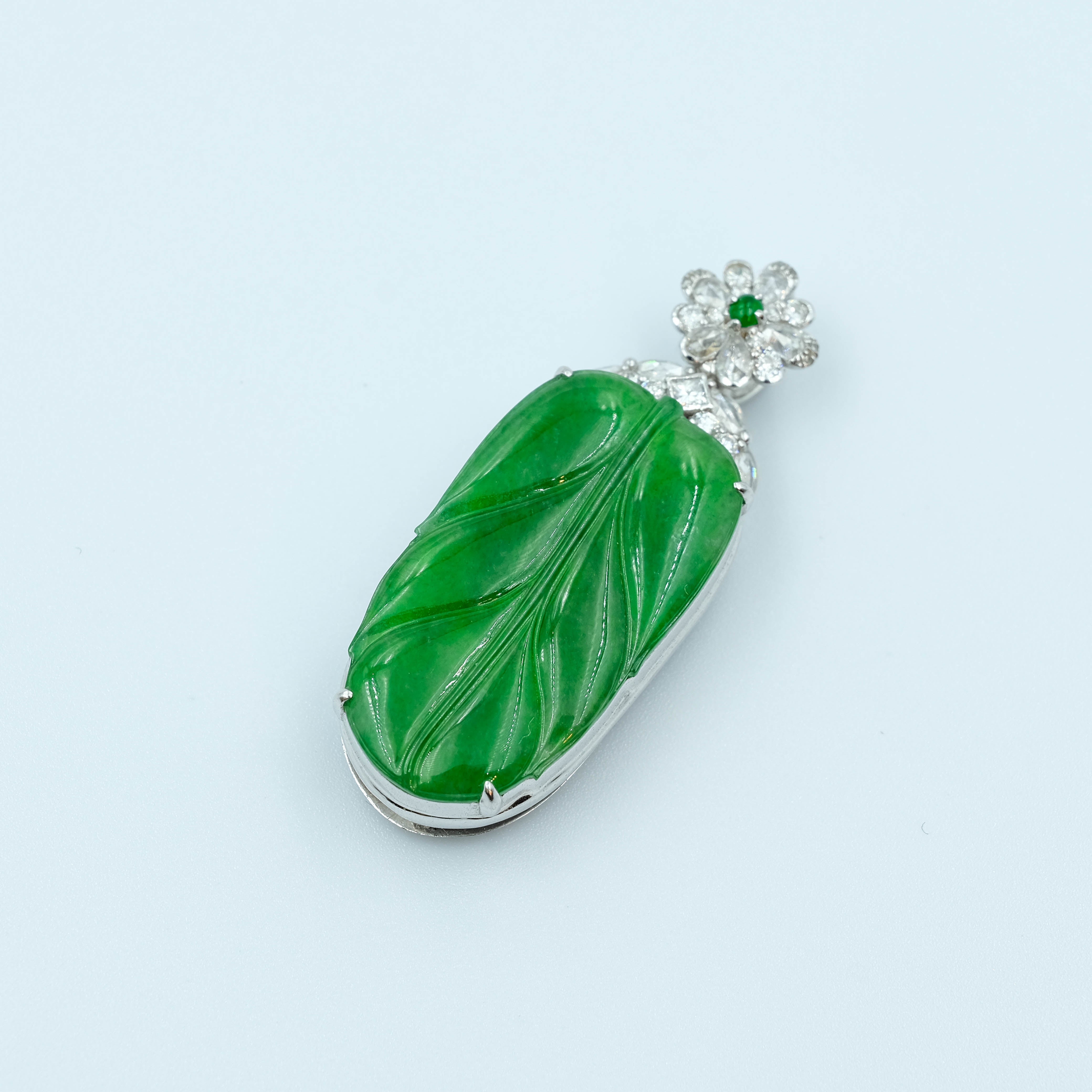 Leaf Pendant Jadeite Jade Imperial Green Grade A 18k White Gold Inlay