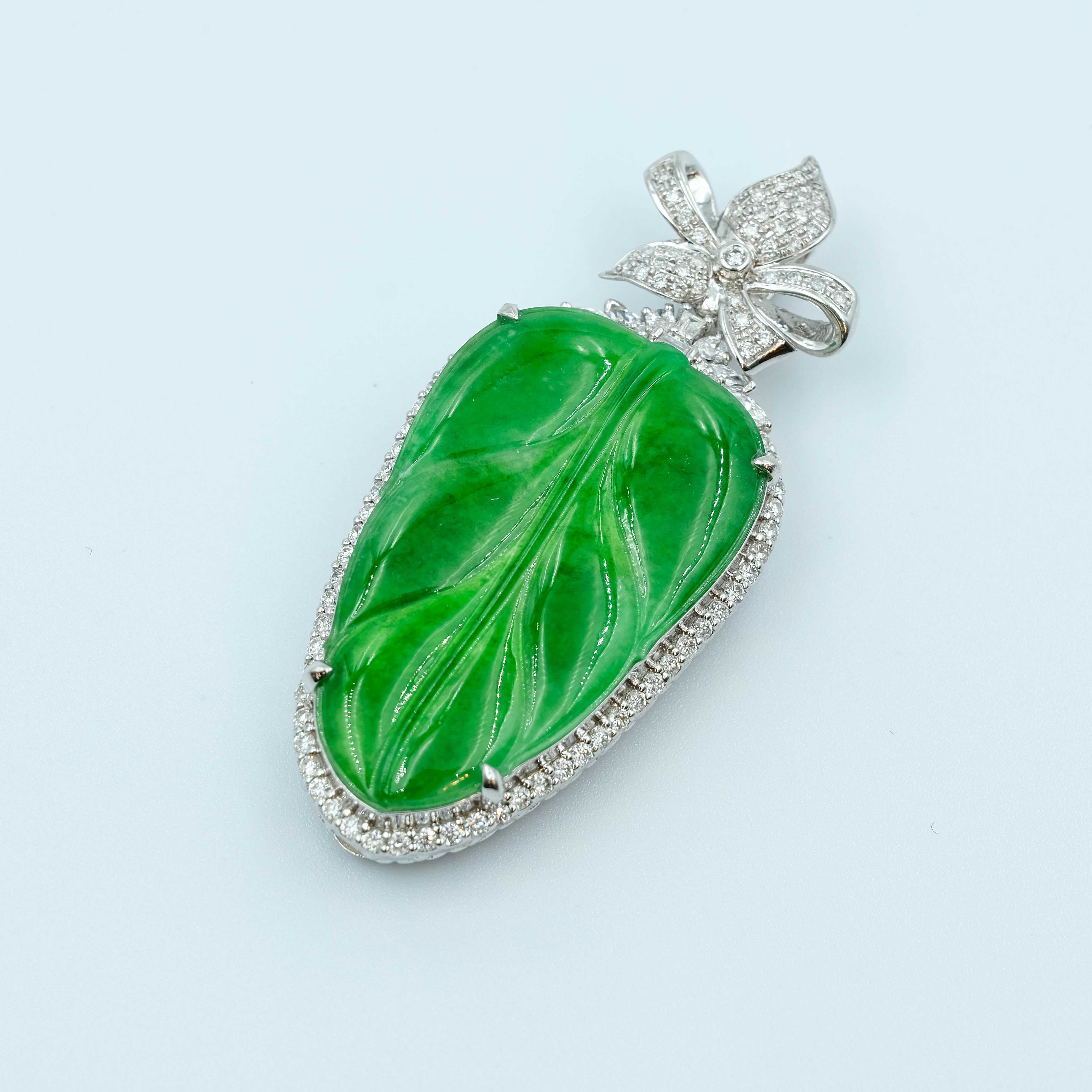 Leaf Pendant Jadeite Jade Imperial Green Grade A 18k White Gold Inlay