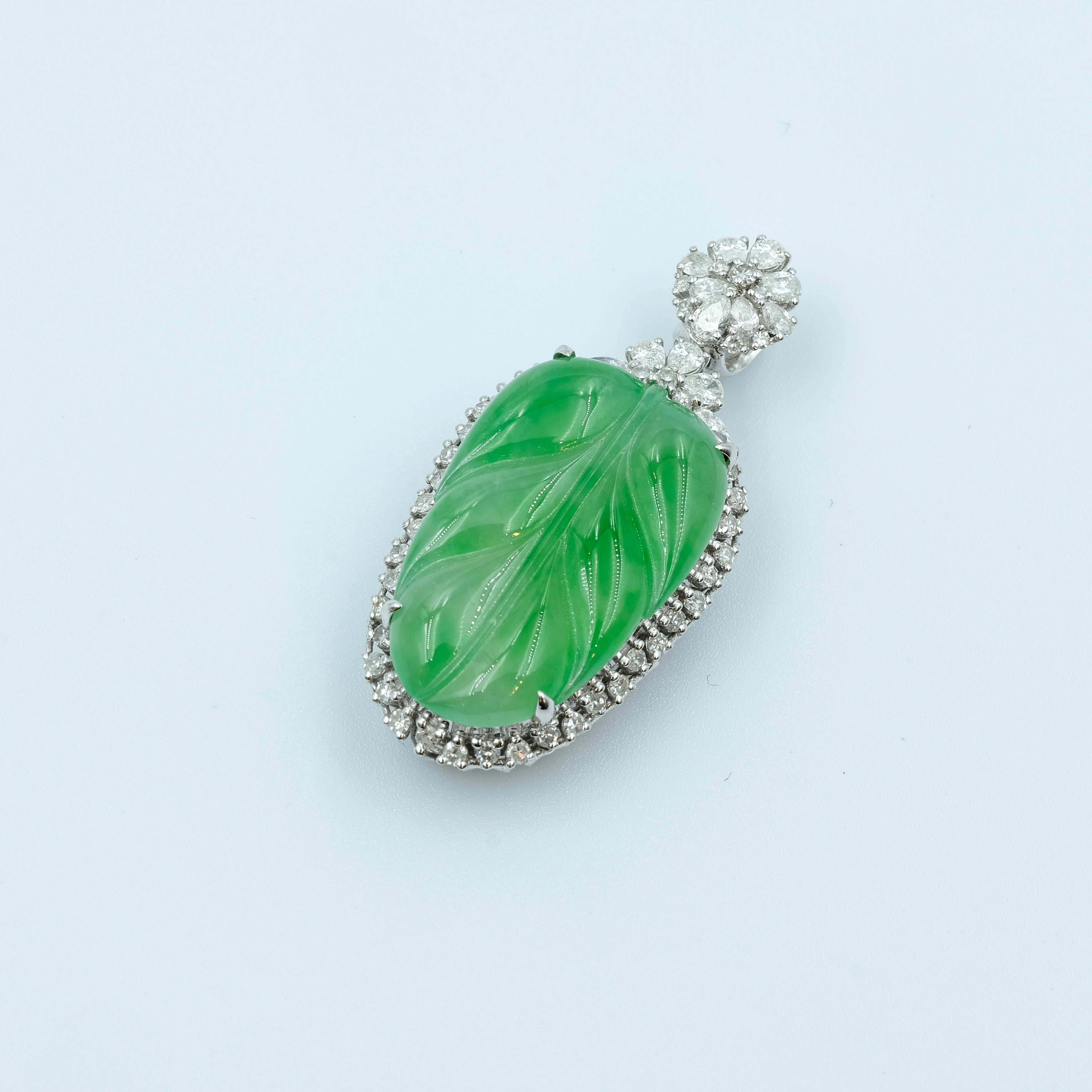 Leaf Pendant Jadeite Jade Apple Green Translucent Grade A 18K White Gold Inlay