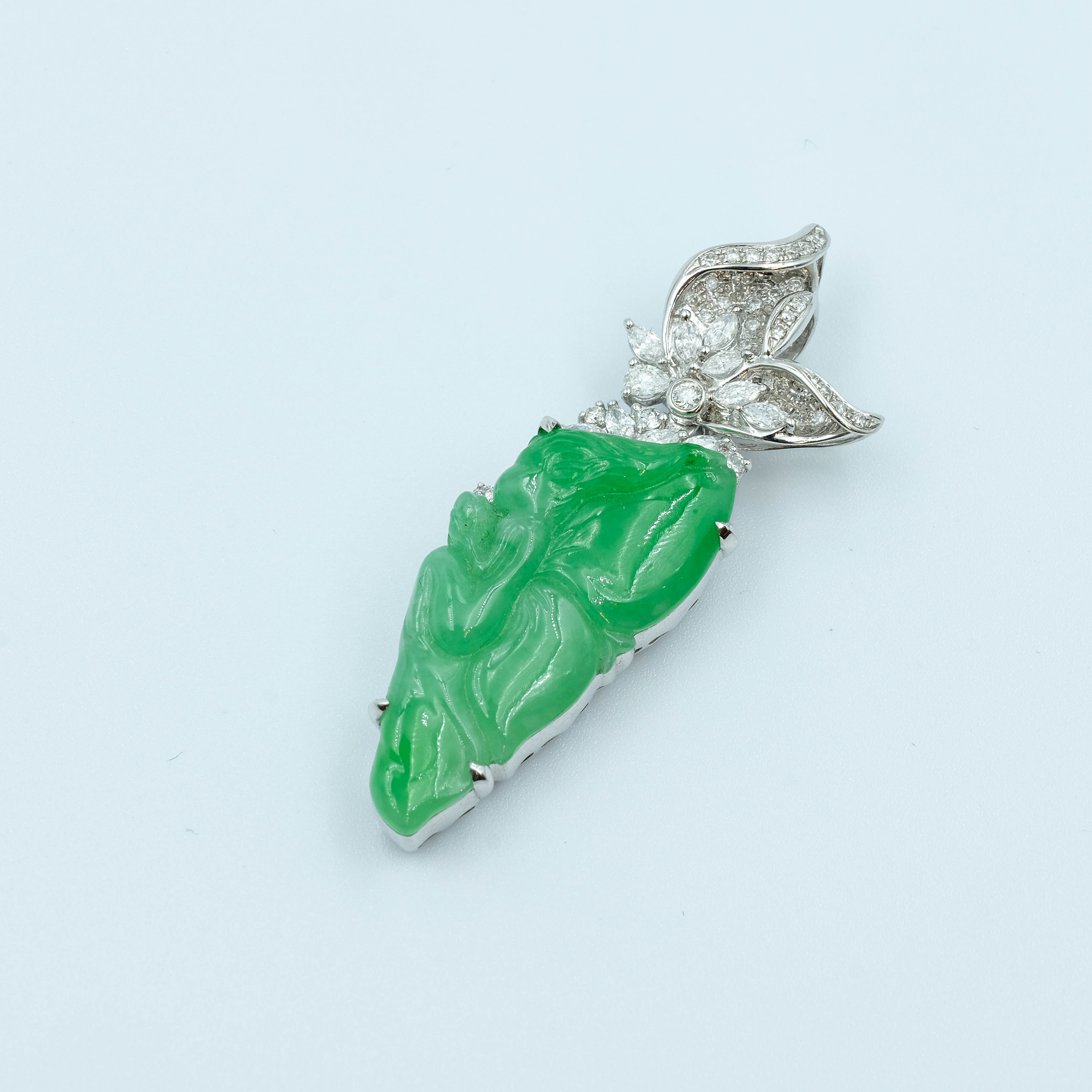 Angel Design Jadeite Pendant Sweet Green 18k White Gold Natural Diamond Inlay