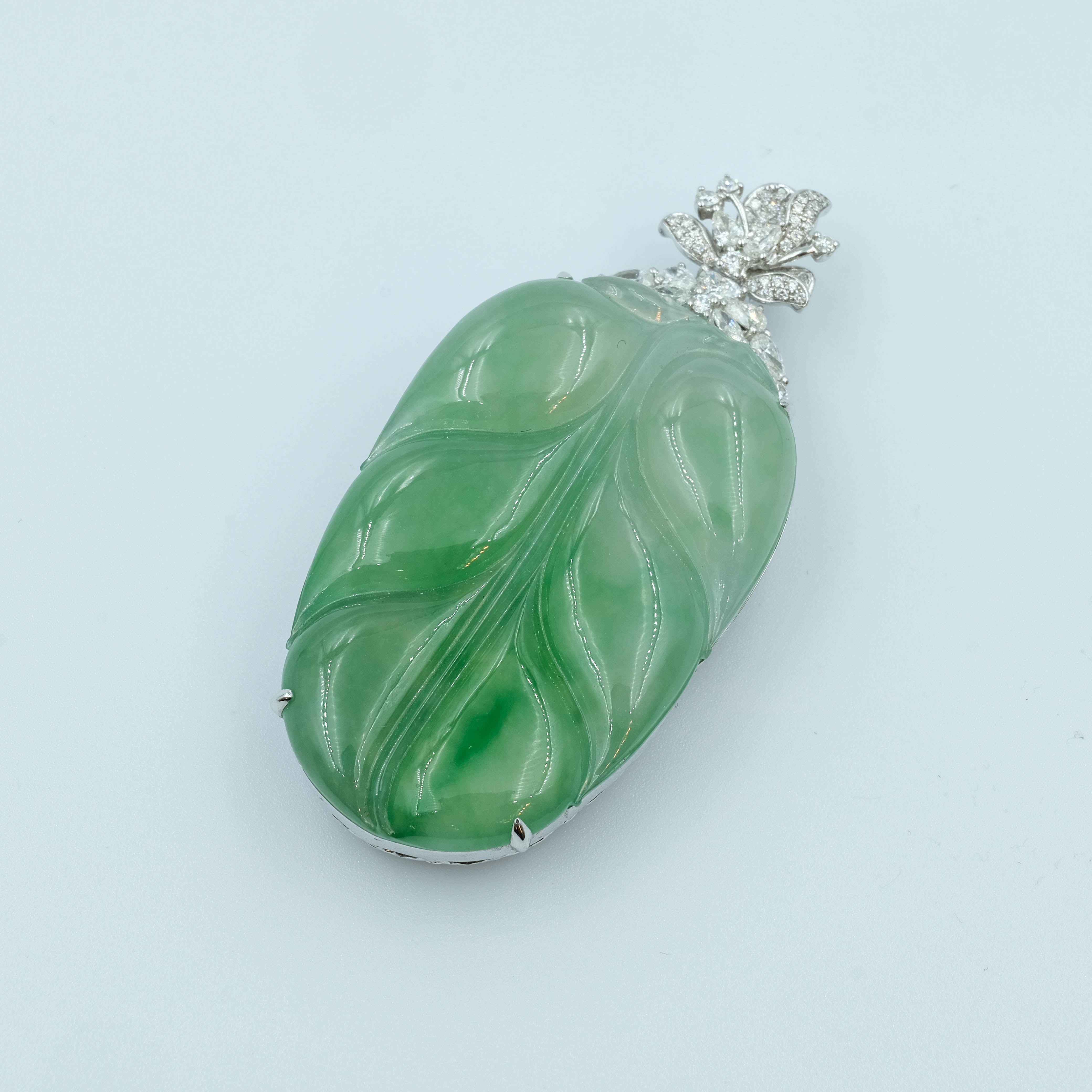 Leaf Pendant Jadeite Jade Green Translucent Grade A 18K White Gold Inlay