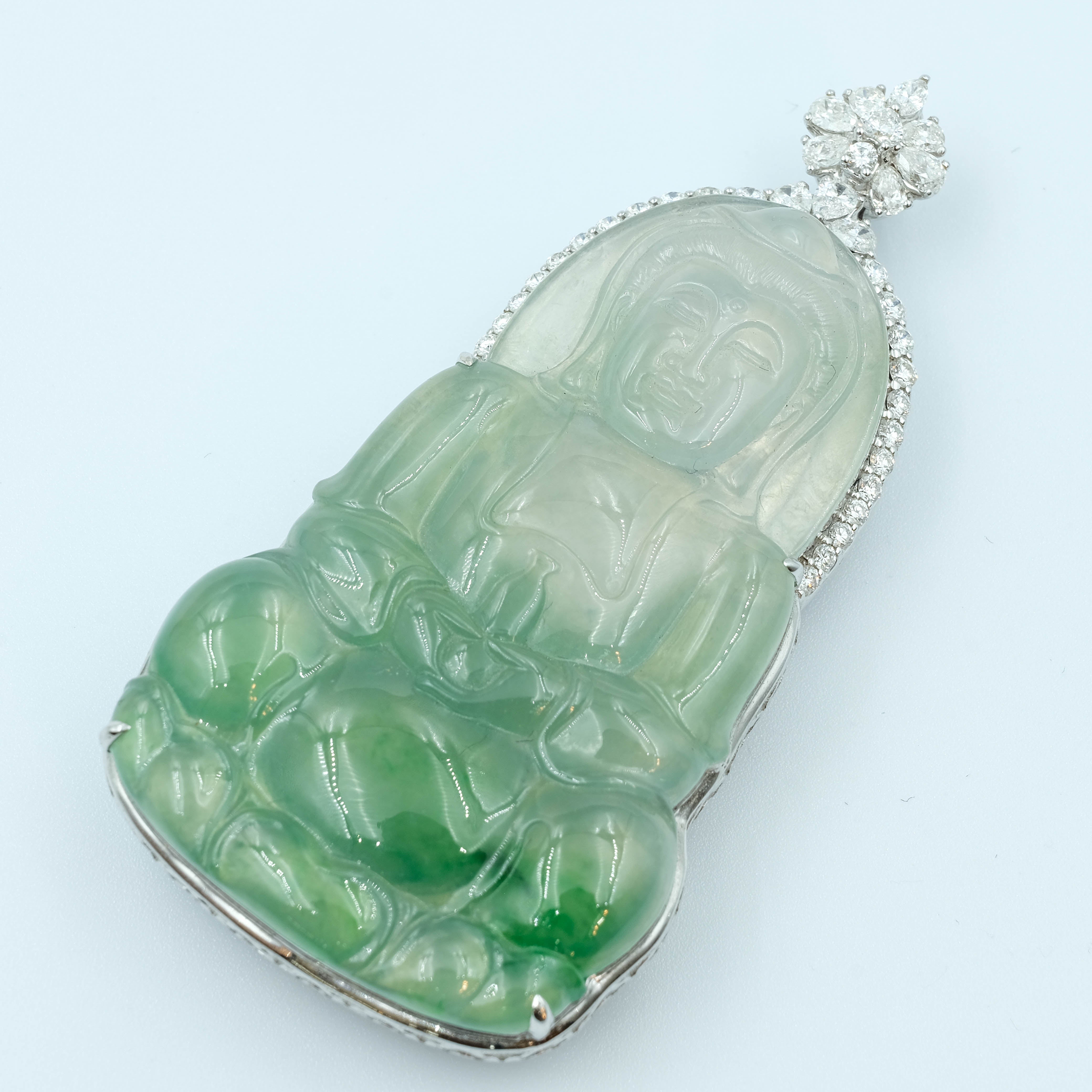 GuanYin Pendant Jadeite Moss on Snow Jade Green Grade A 18K White Gold Inlay