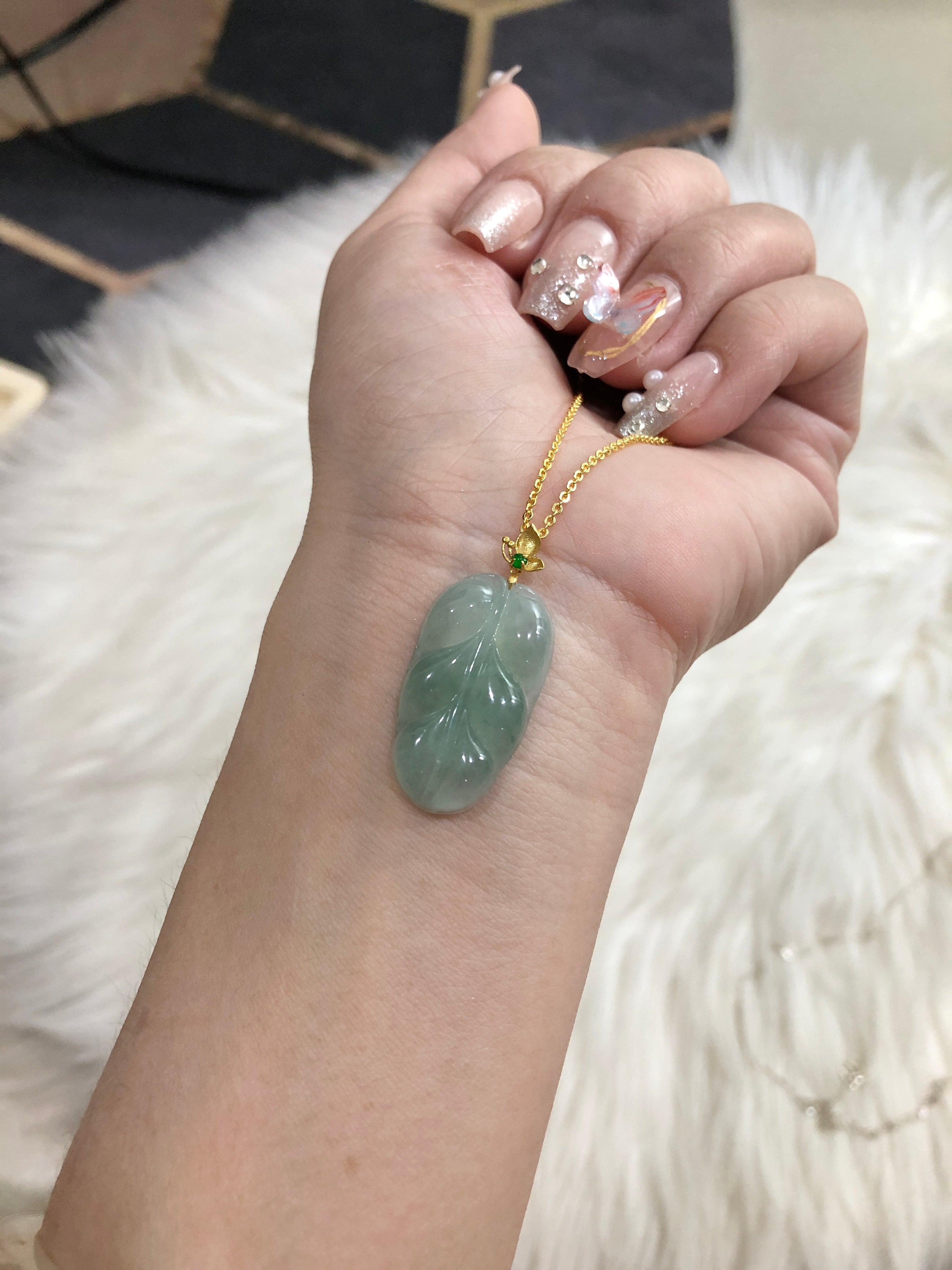 Leaf Pendant Light Green Translucent 18K Yellow Gold Inlayed 26.8x15x3.9mm Natural Burmese Jadeite Grade A