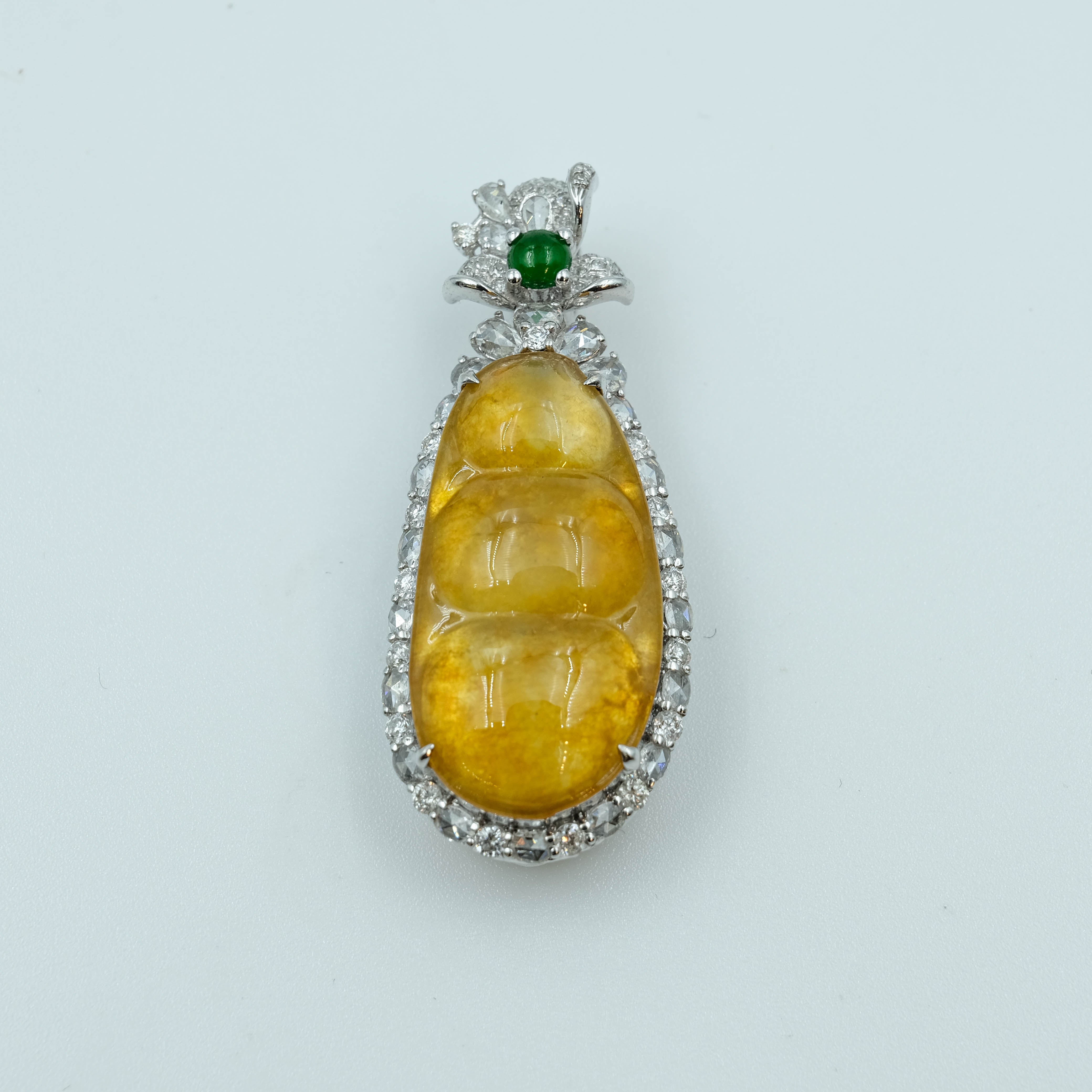 FuDou Pendant Jadeite Yellow Green Icy Clear Grade A 18K White Gold Inlay