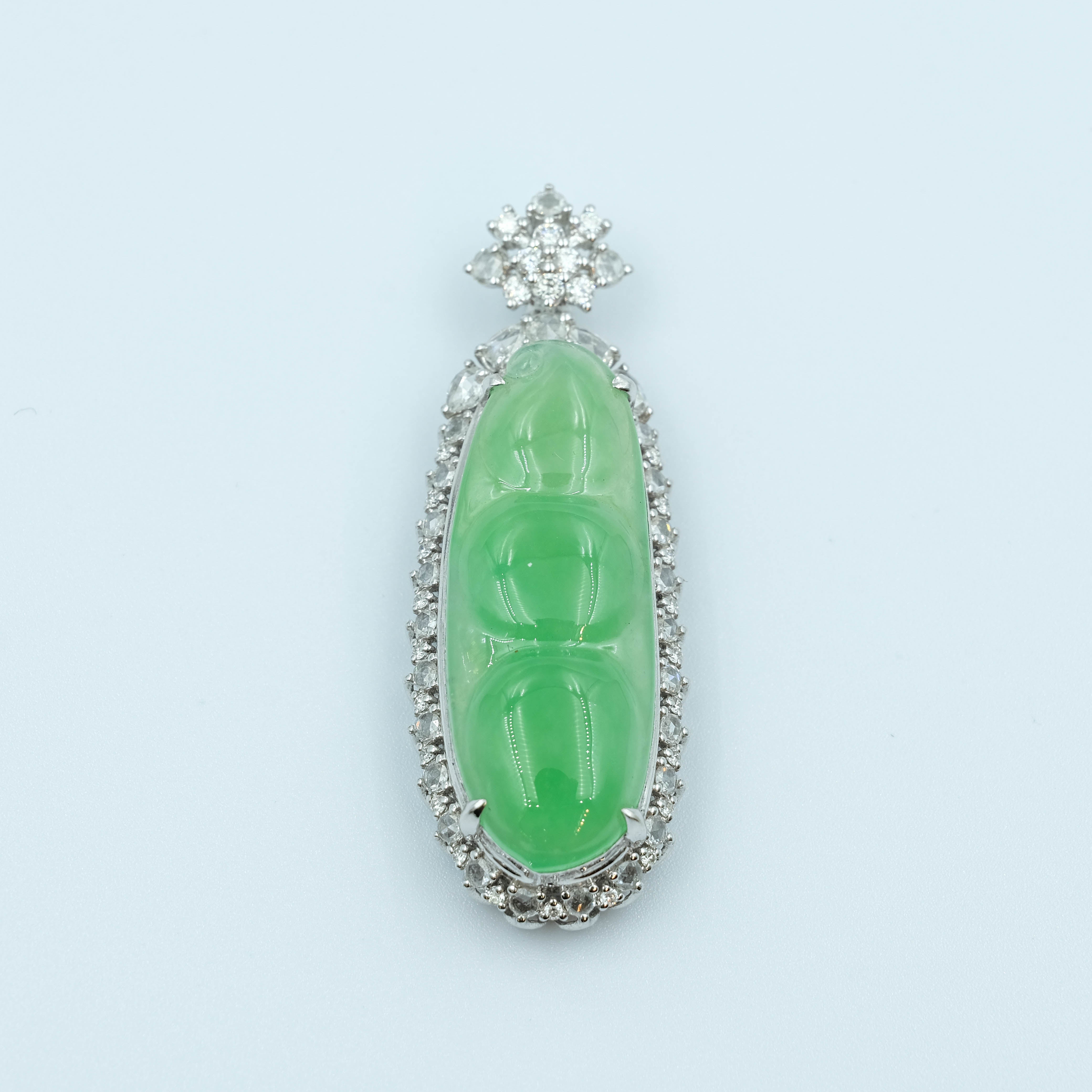 FuDou Pendant Jadeite Jade Sweet Green Translucent Grade A 18K White Gold Inlay