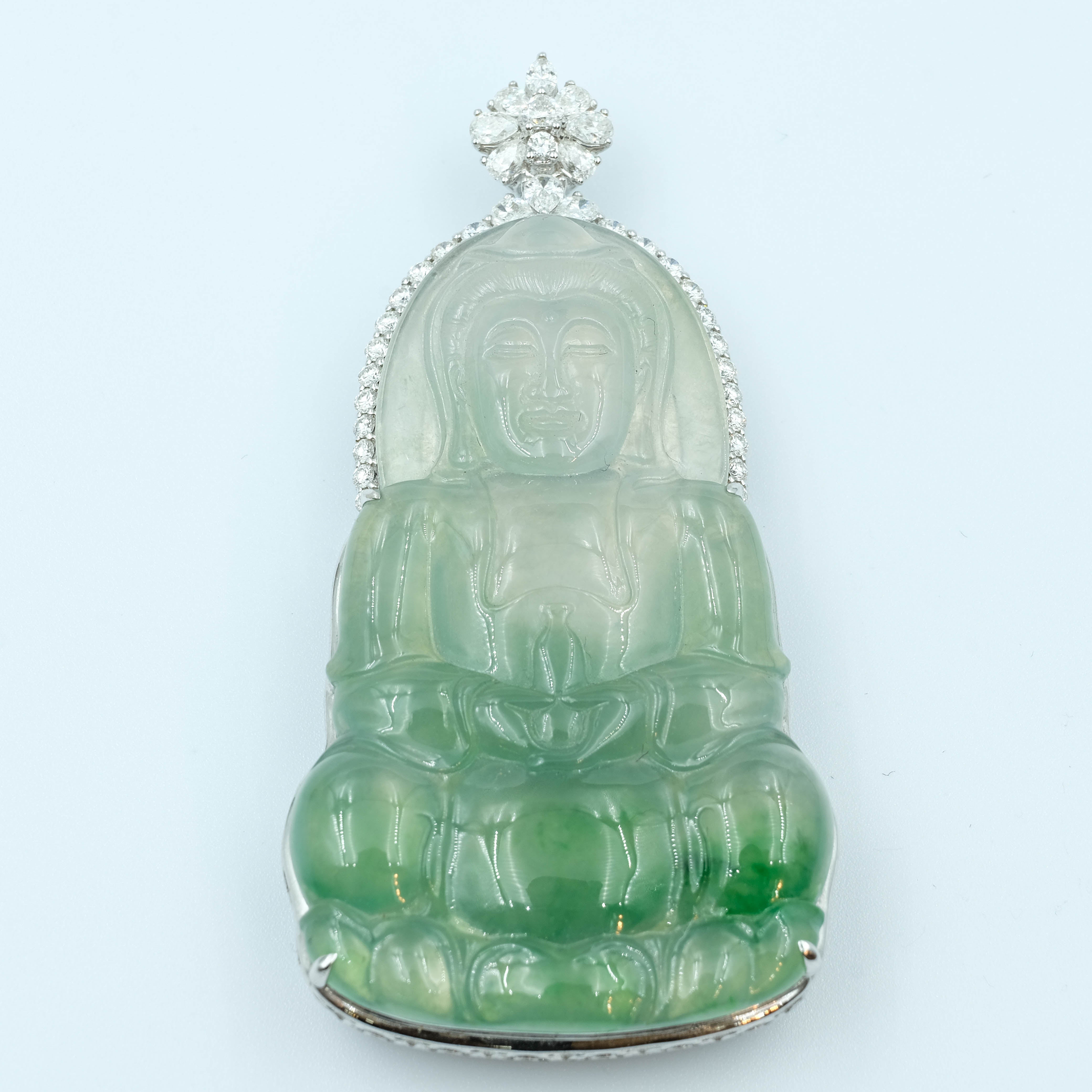 GuanYin Pendant Jadeite Moss on Snow Jade Green Grade A 18K White Gold Inlay