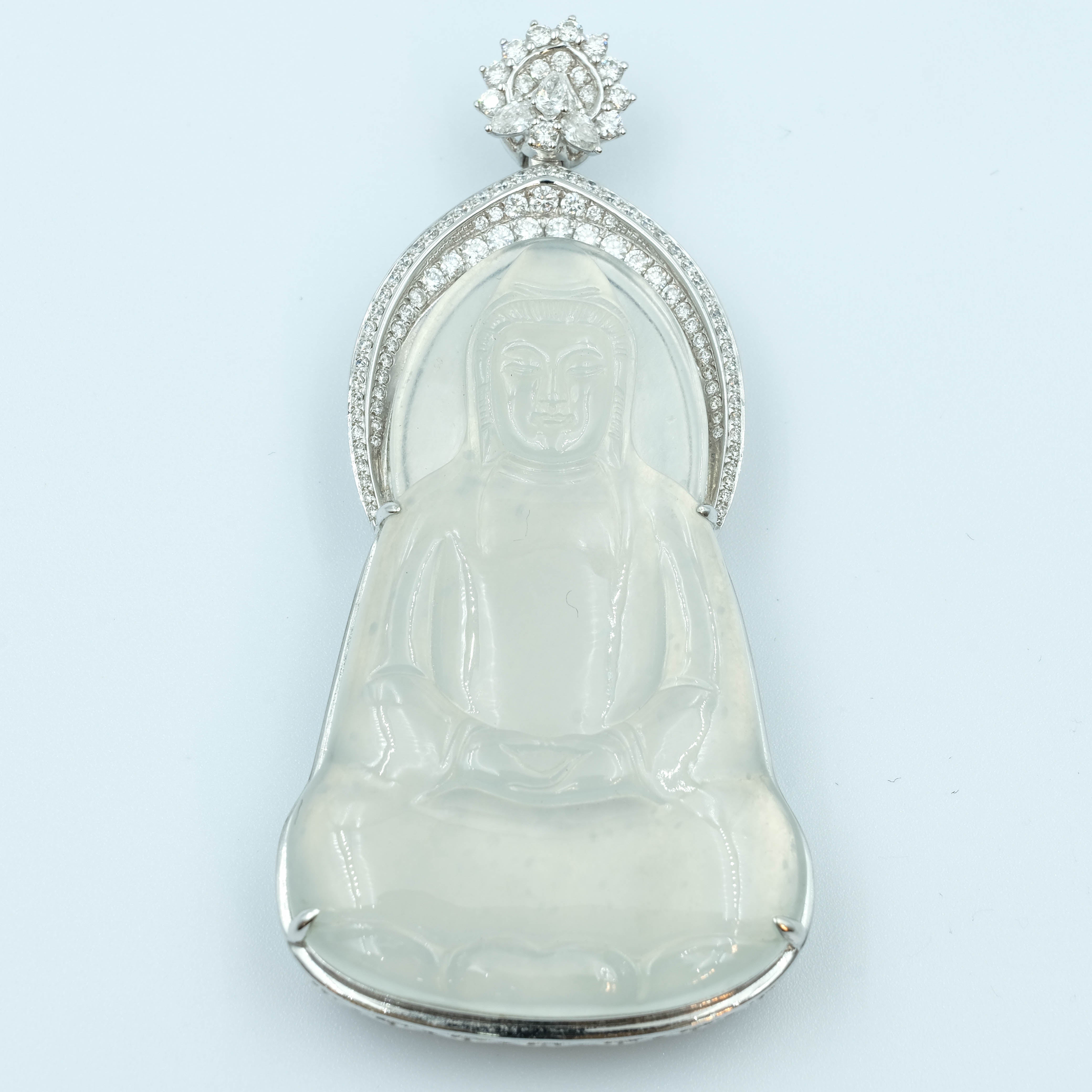 Guanyin Pendant Jadeite No Color Translucent Grade A 18k White Gold Inlay