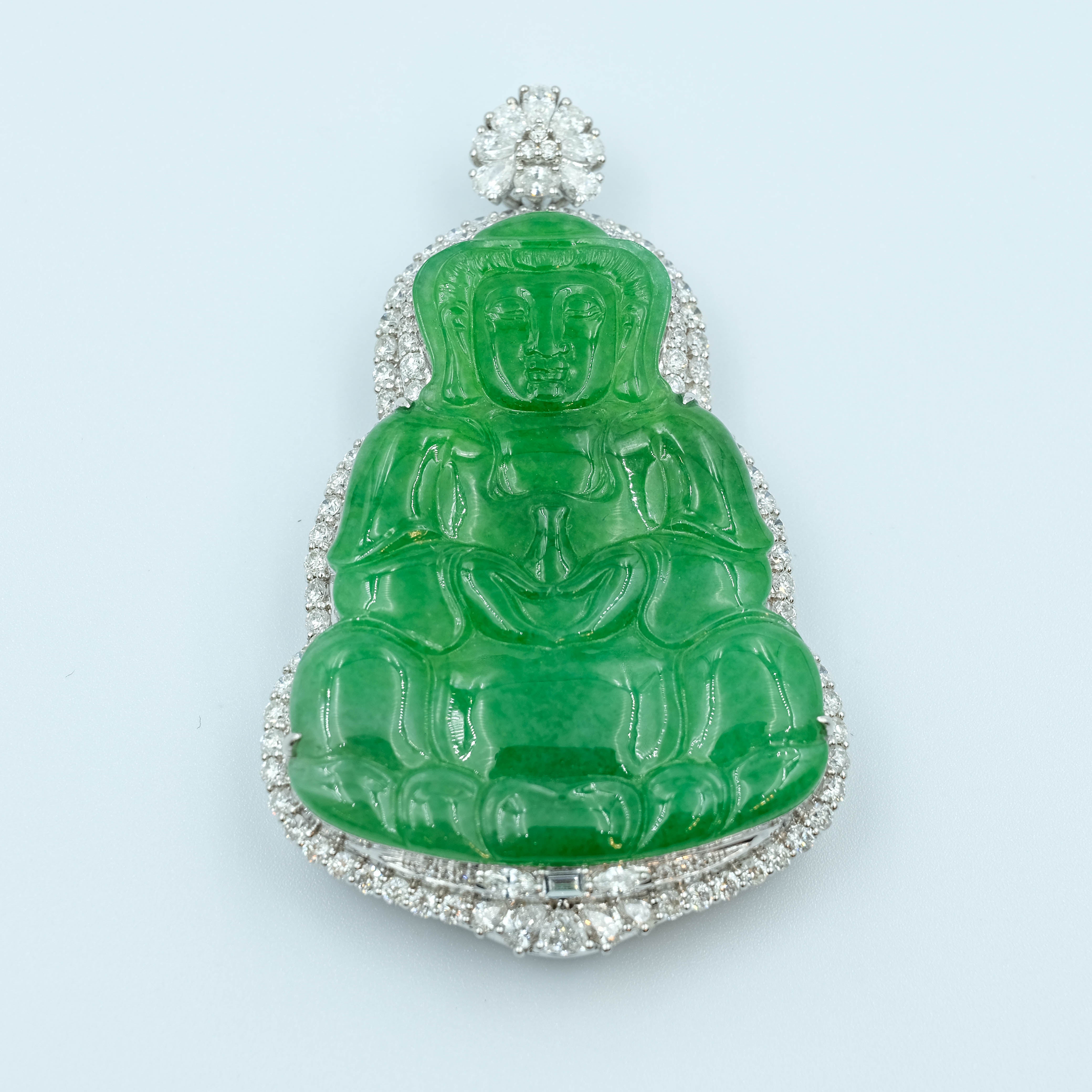 GuanYin Pendant Jadeite Jade Green Grade A 18K White Gold Inlay