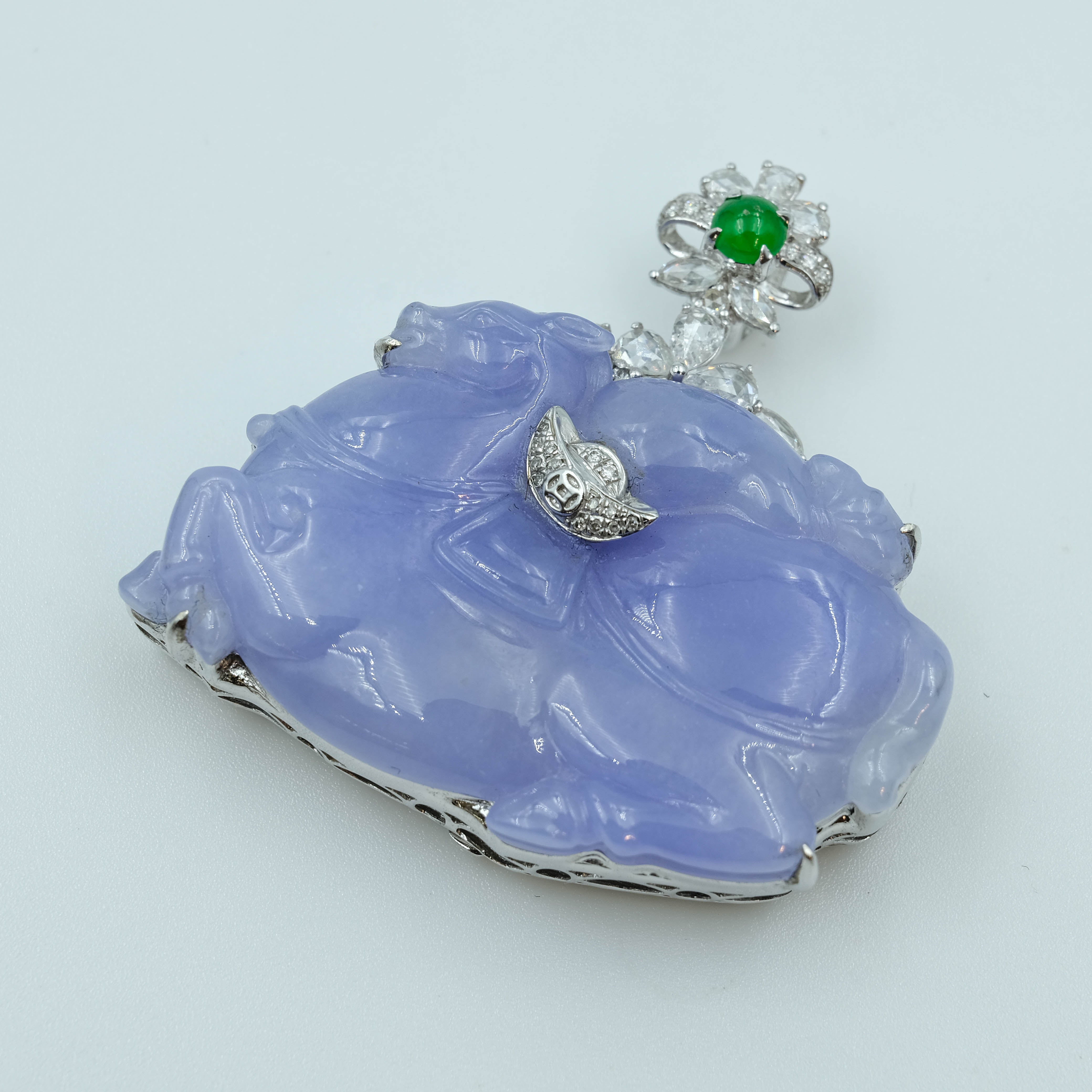 Horse Zodiac Pendant Jadeite Lavender Translucent Grade A 18K White Gold Inlay