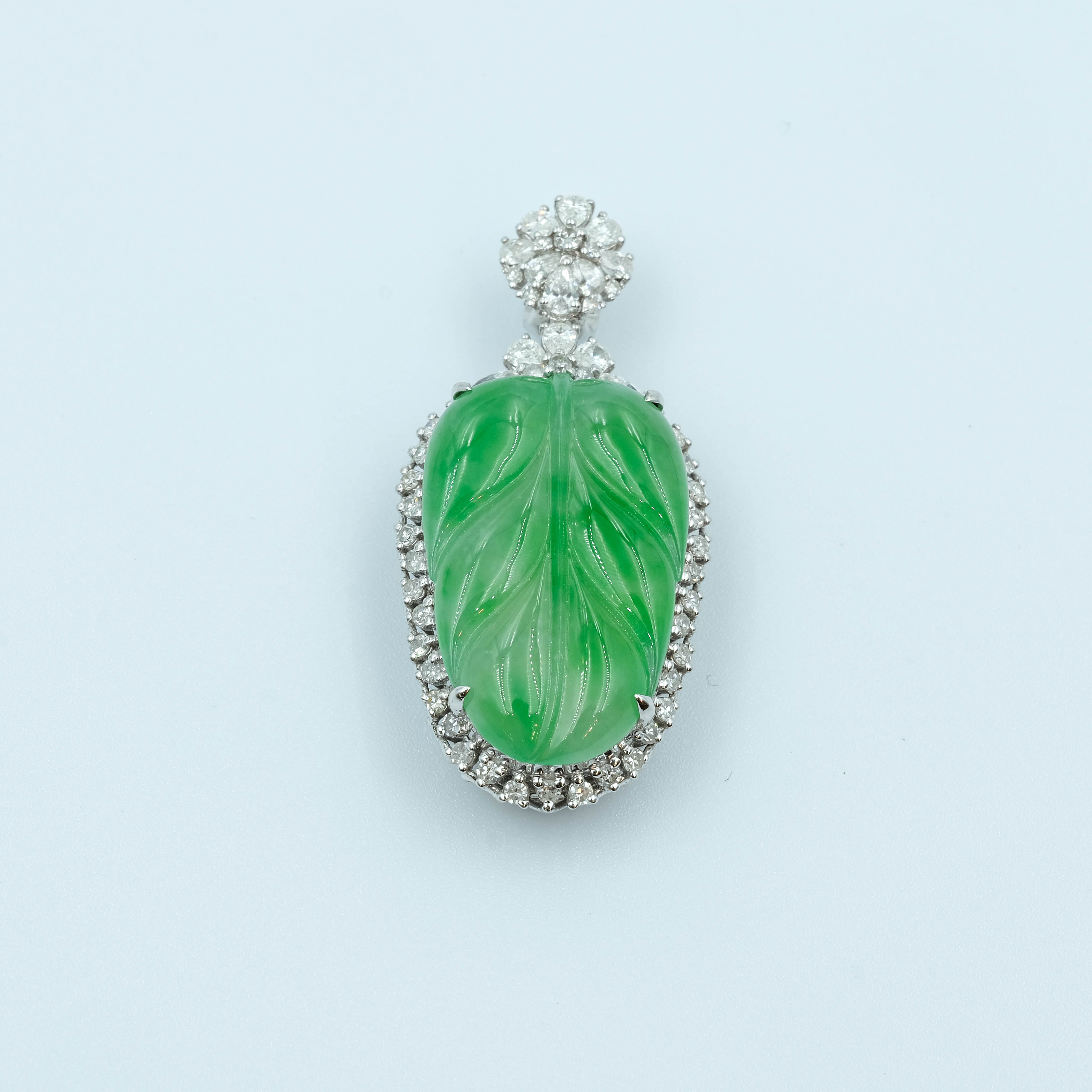 Leaf Pendant Jadeite Jade Apple Green Translucent Grade A 18K White Gold Inlay