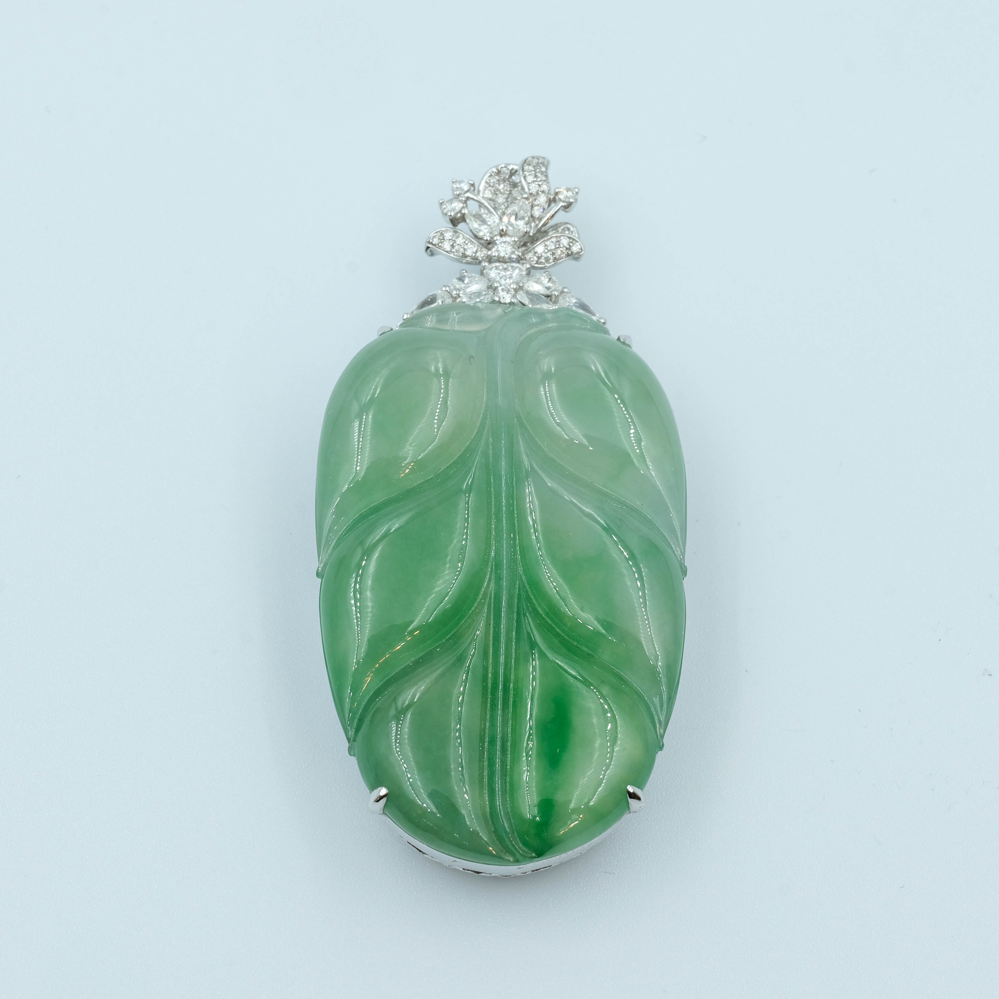 Leaf Pendant Jadeite Jade Green Translucent Grade A 18K White Gold Inlay