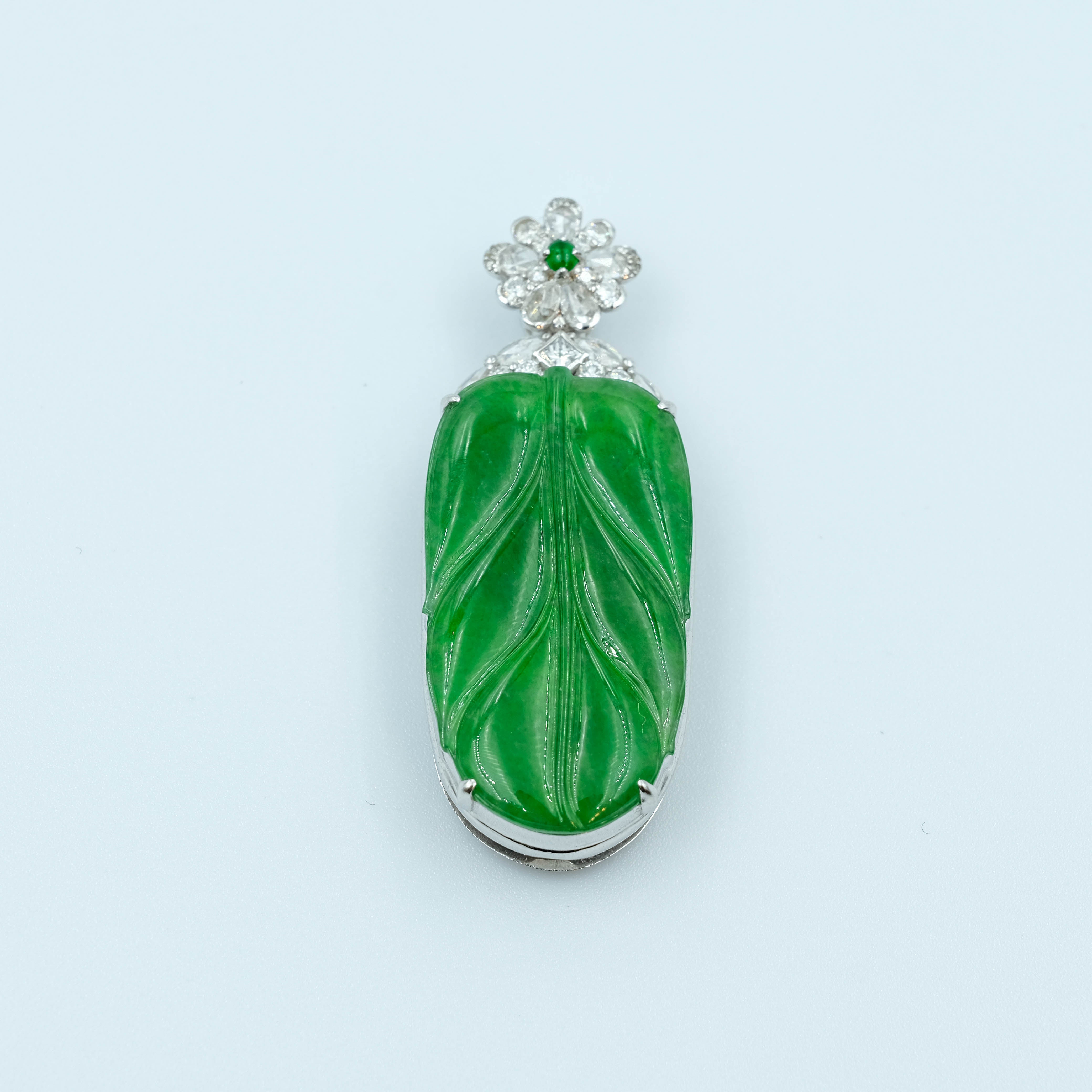 Leaf Pendant Jadeite Jade Imperial Green Grade A 18k White Gold Inlay