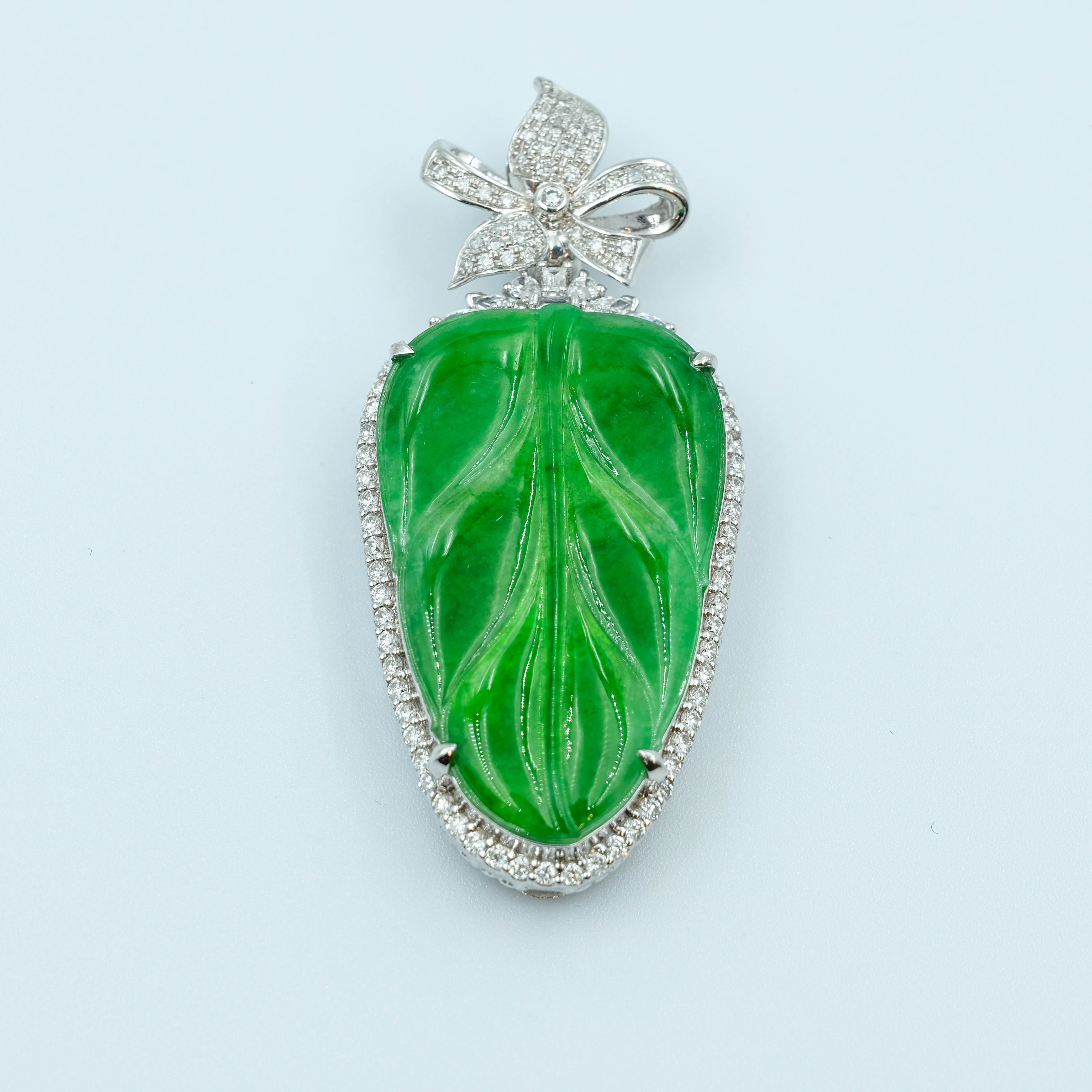 Leaf Pendant Jadeite Jade Imperial Green Grade A 18k White Gold Inlay