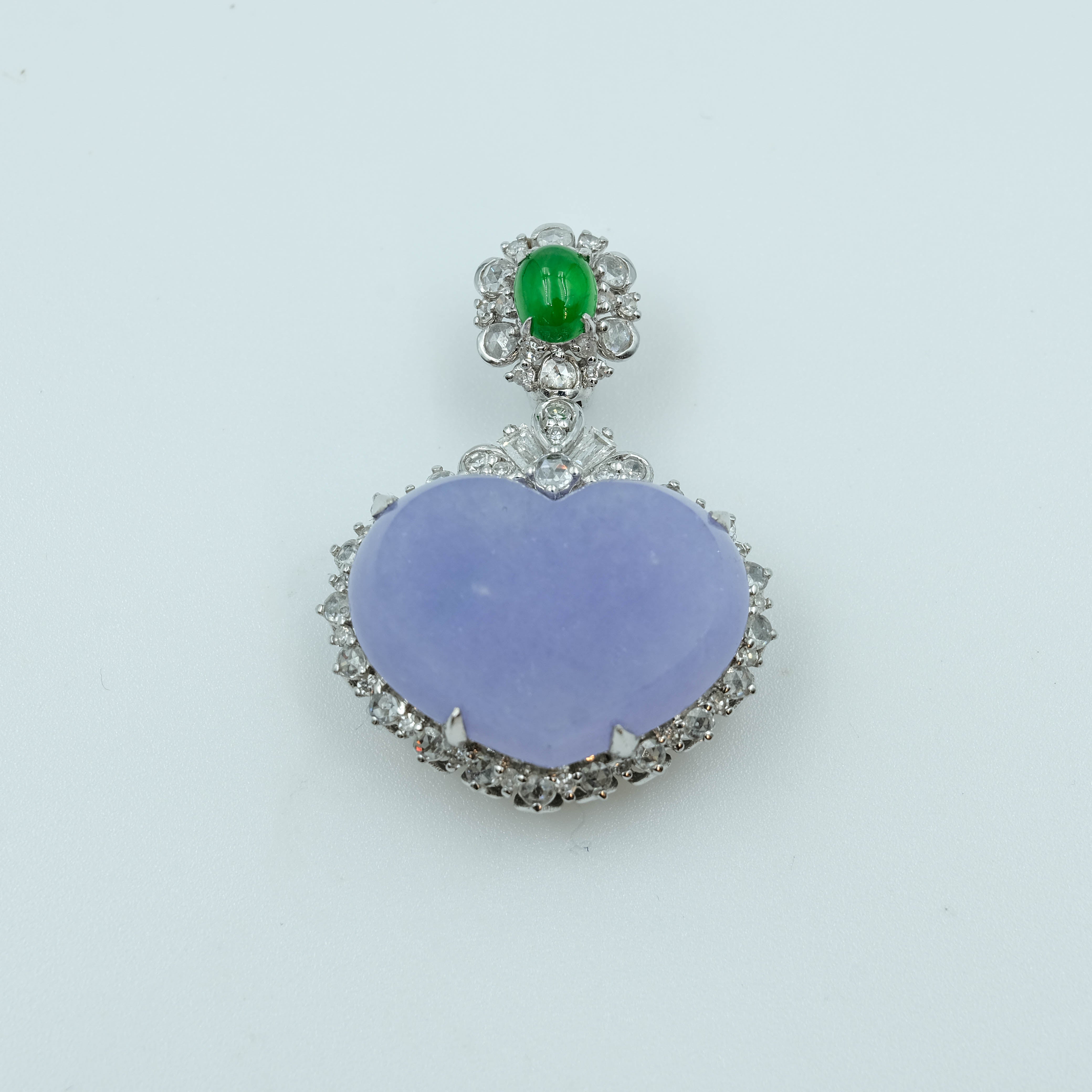 Love Pendant Jadeite Lavender Green Translucent Grade A 18K White Gold Inlay