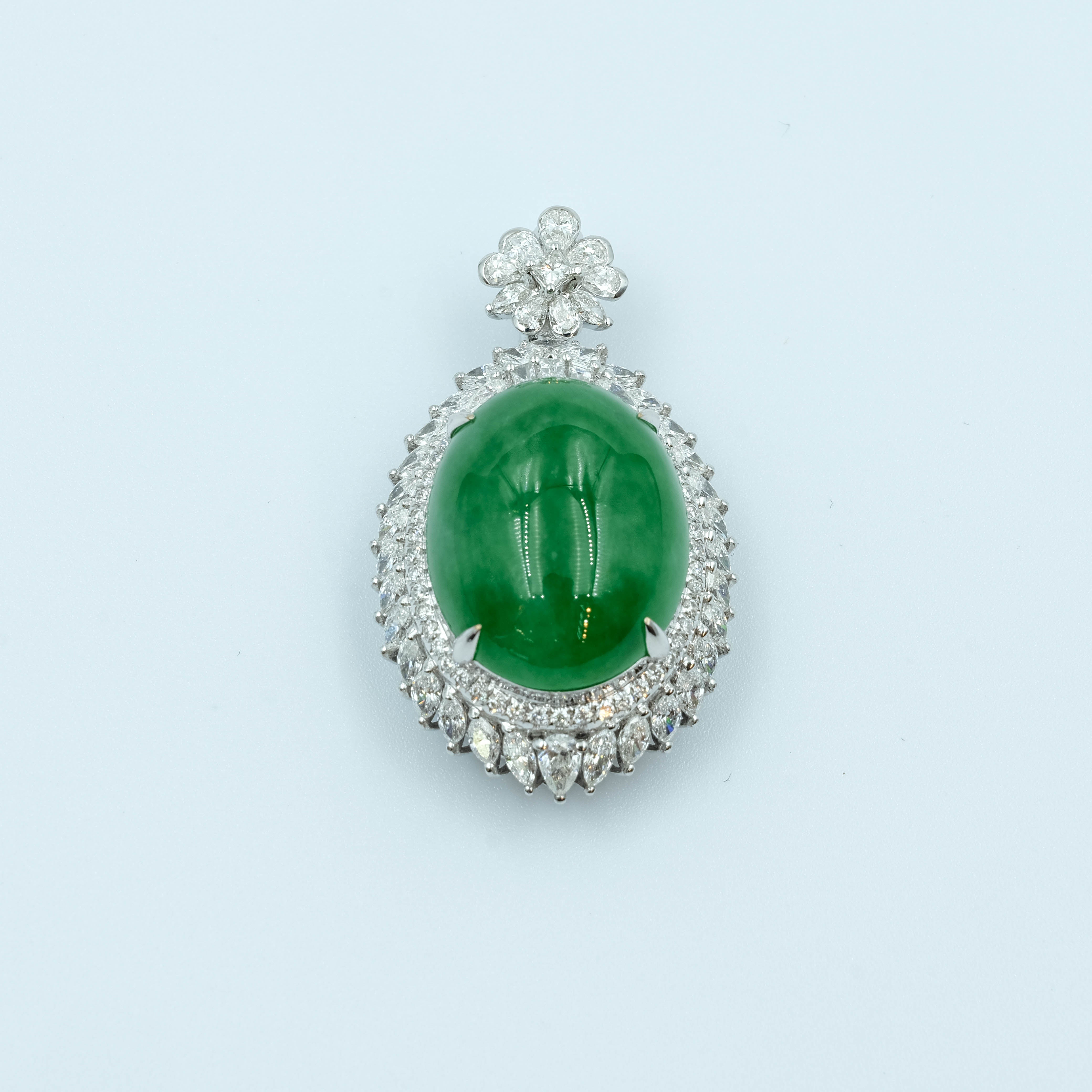 Oval Pendant Jadeite Imperial Green Grade A 18K White Gold Inlay