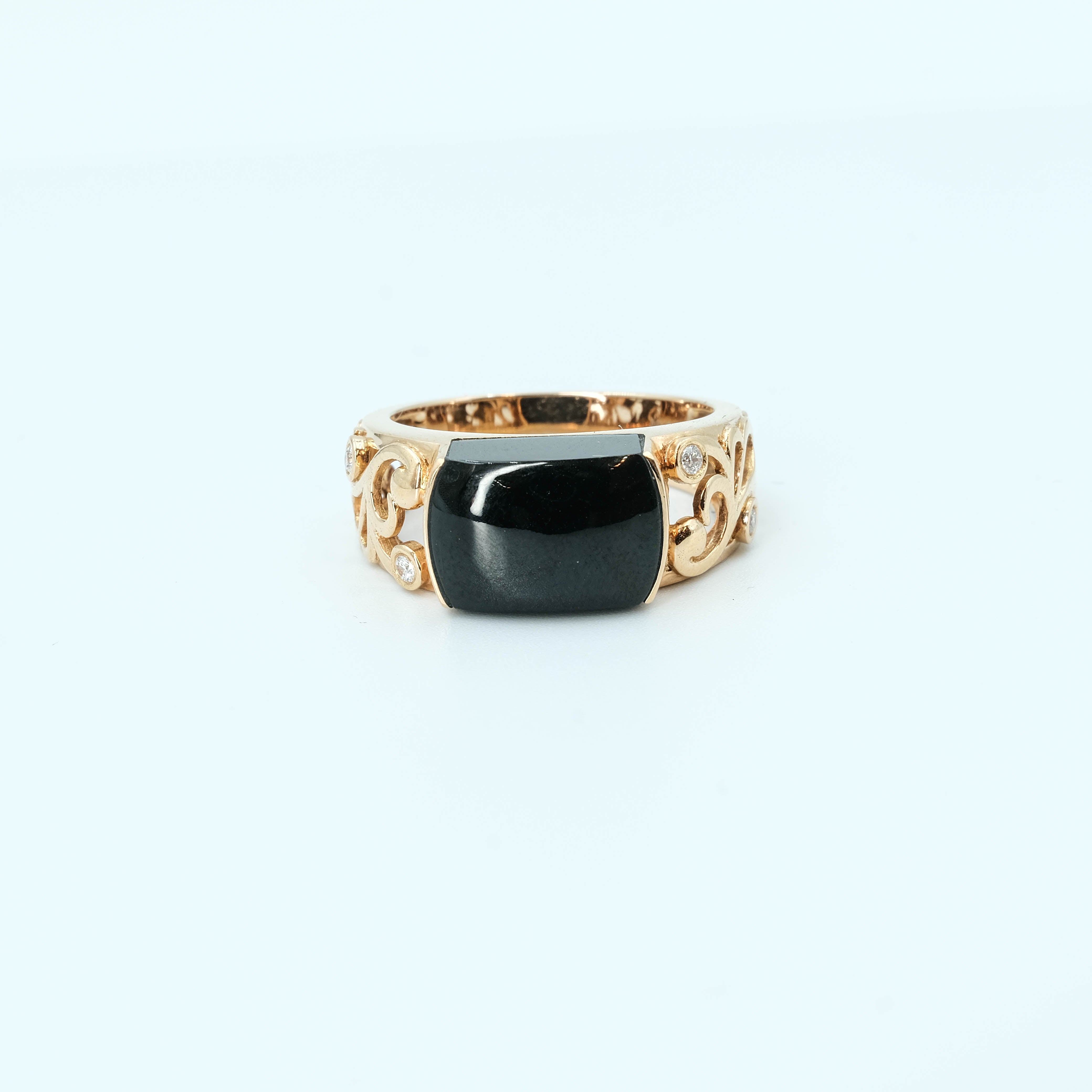 Black Jade Saddle Shape Jadeite Ring 18k Yellow Gold Natural Diamond Inlay