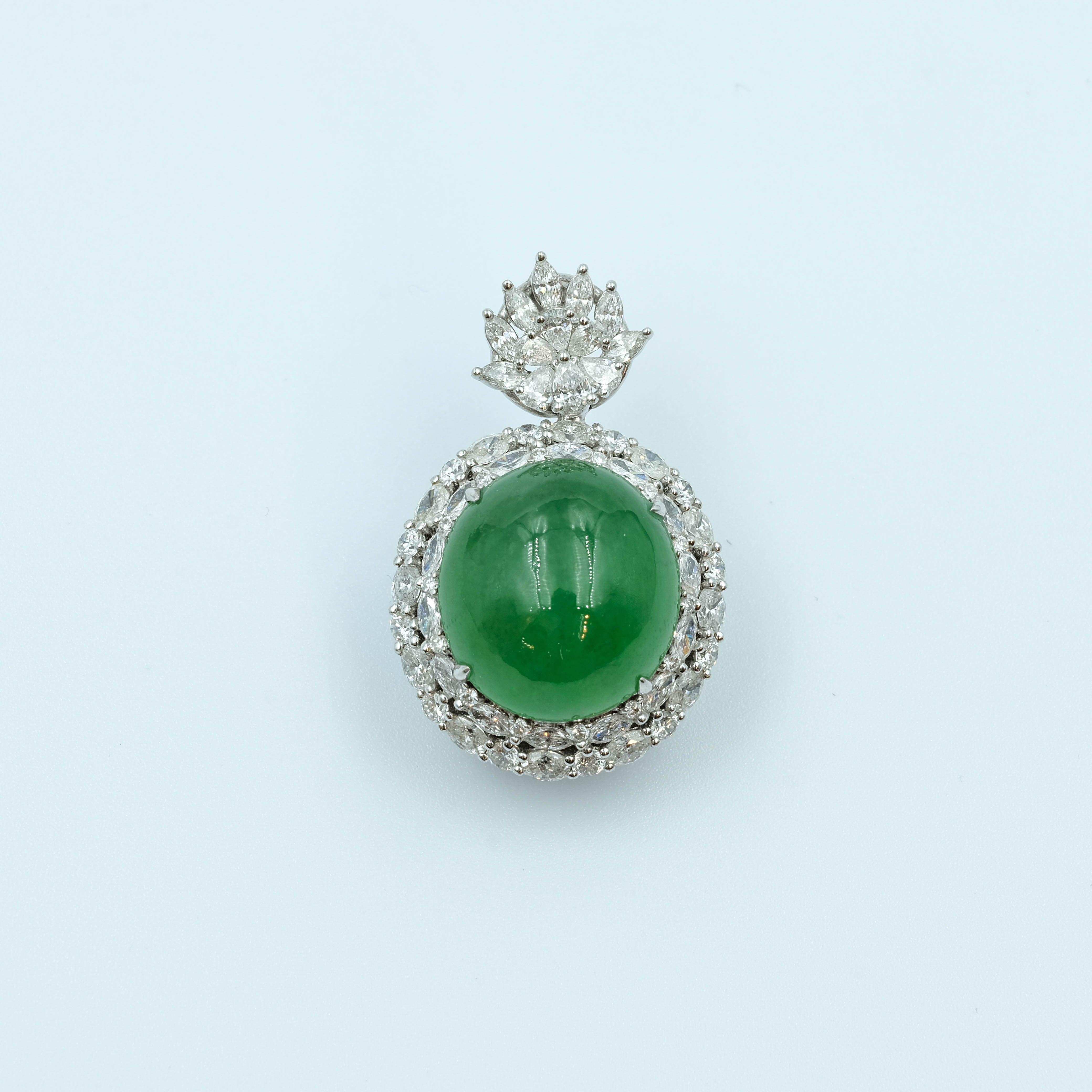 Oval Shape Pendant Jadeite Imperial Green Grade A 18K White Gold Inlay